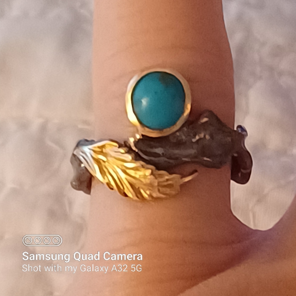 Vtg.sterling Silver oxidized turquoise & gold leaf ring- sz5